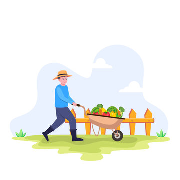 farmer pushing wheelbarrow full of vegetables