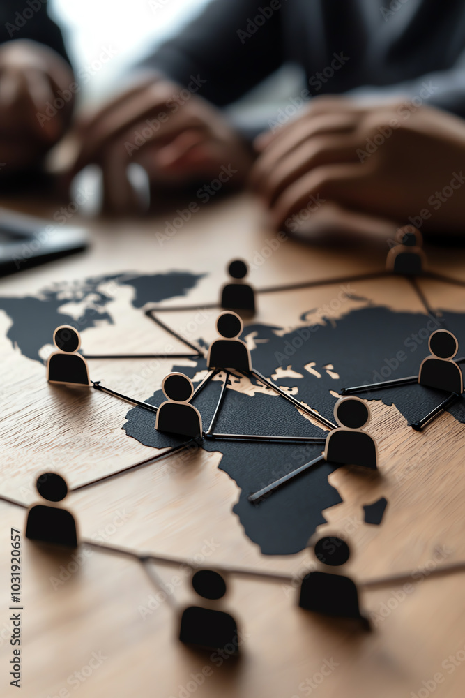Poster business networking concept with figures connecting over a world map on a wooden table, symbolizing 