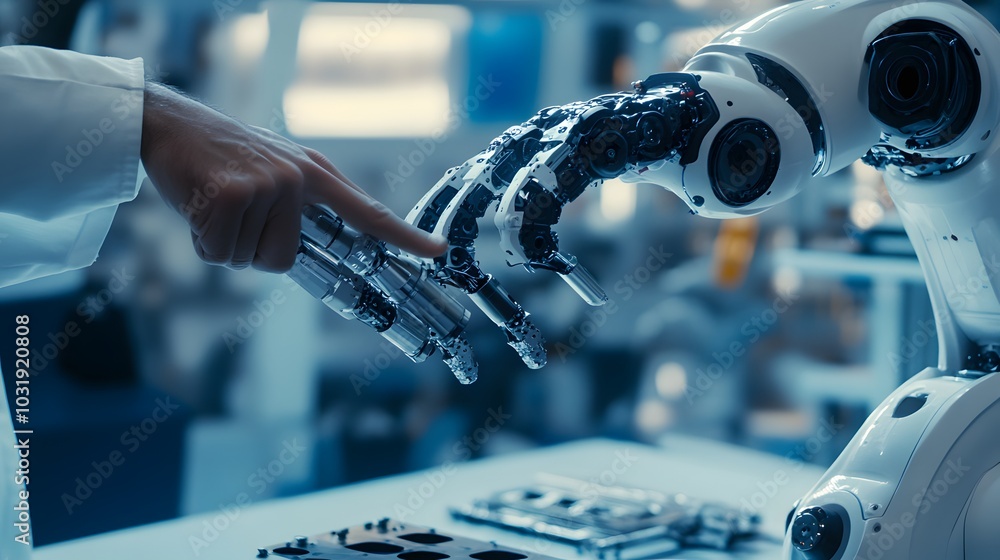Poster human hand interacting with robotic arm in a factory setting