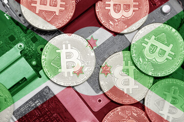 flag of burundi on the bitcoins with computer electronic circuit board background. bitcoin concept.