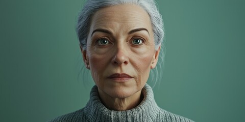 a grandmother with well-defined facial features, wearing a gray sweater