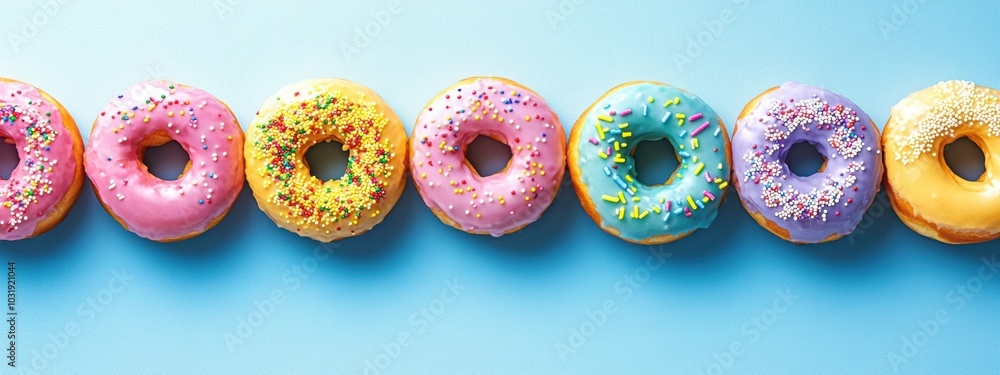 Poster vibrant array of uniform donuts, glazed in bright icing, topped with an assortment of colorful sprin