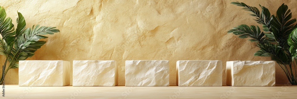 Poster elegant display with natural elements and marble blocks