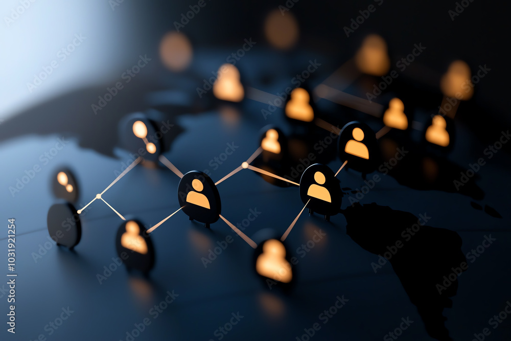 Poster connected digital network with user icons glowing on a dark background, symbolizing online communica
