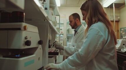 Obraz premium Scientific researchers conducting laboratory experiments with advanced equipment