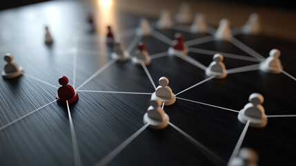 Conceptual representation of social connections and networking with figures on a dark surface, emphasizing relationships and collaboration.
