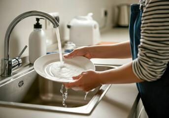 Person washing a white plate under running water in a modern kitchen during the day with natural light illuminating the space