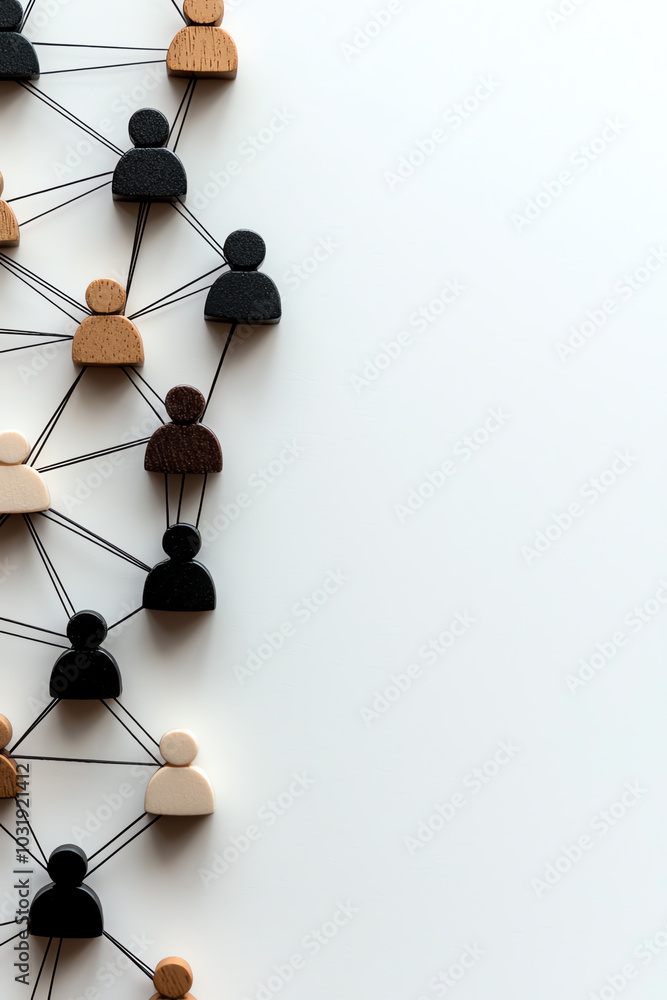 Poster connections represented by wooden figures linked by lines, symbolizing networking and social relatio