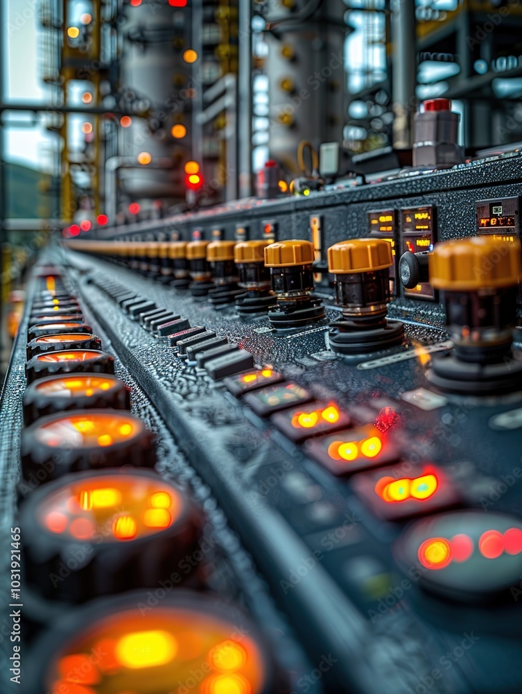 Aufkleber control panel with illuminated buttons in an industrial setting.