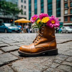 Boots with flowers inside, in the city