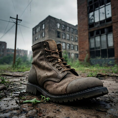 boots with ruined city view