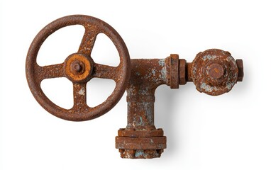 A single industrial valve with rusted edges and a rotating wheel, isolated on white