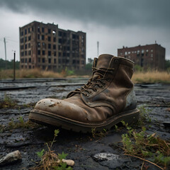 boots with ruined city view