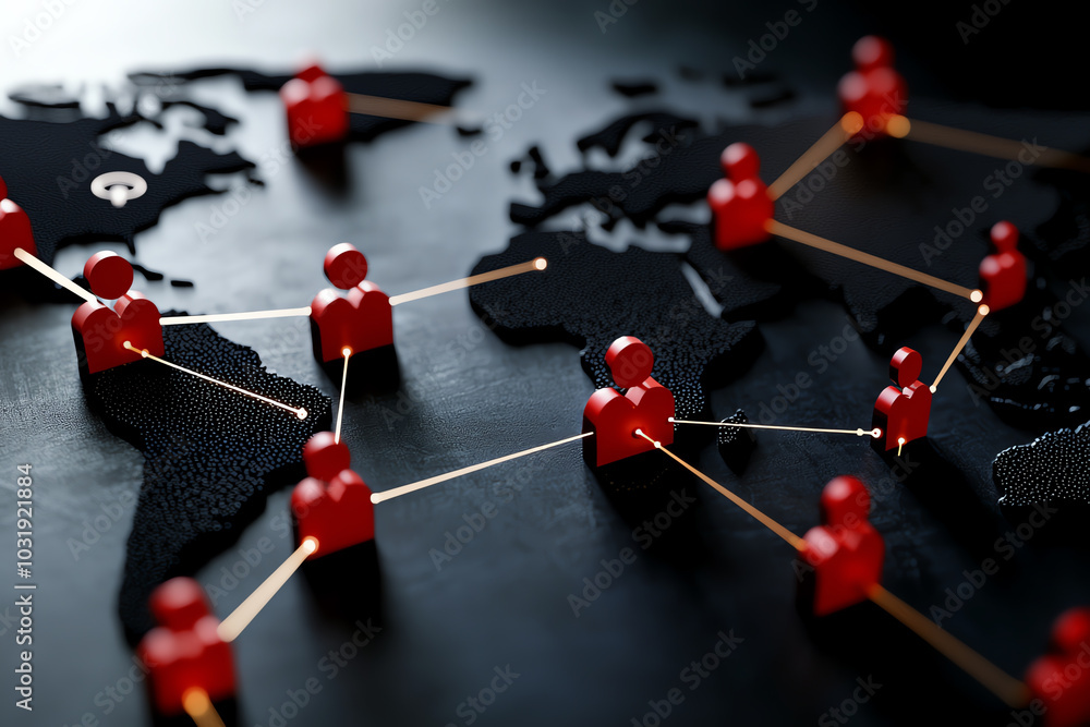 Poster global business network concept with red human figures connected on a dark world map.