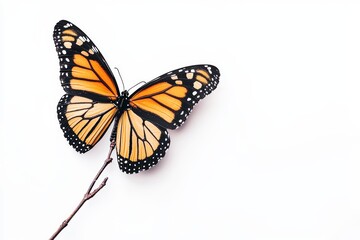 Fototapeta premium A single monarch butterfly perched on a twig, its orange wings vivid against the white background