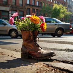 Boots with flowers inside, in the city
