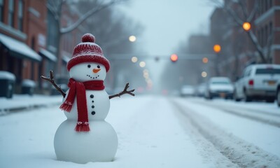 Obraz premium Christmas snowman decoration on snow - covered city street with lanterns