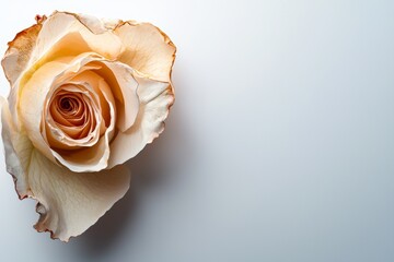 A single rose petal with visible veins and soft edges, its delicate texture highlighted against a white backdrop