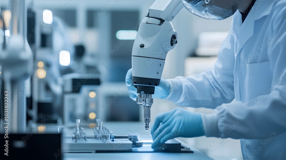 Aufkleber scientist using a robotic arm to fill test tubes in a laboratory