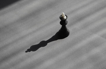 A black chess king in soft sunlight and black shadow on a gray background, a lone candidate, career...