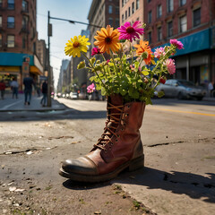 Boots with flowers inside, in the city