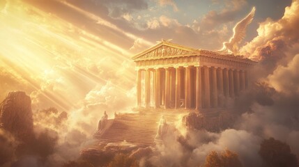 Obraz premium A golden temple sits atop a cloud with beams of light streaming through the clouds.