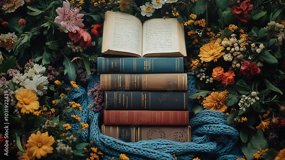 Aufkleber cozy world book day flat lay showcasing stacked books with intricate floral patterns soft lighting a