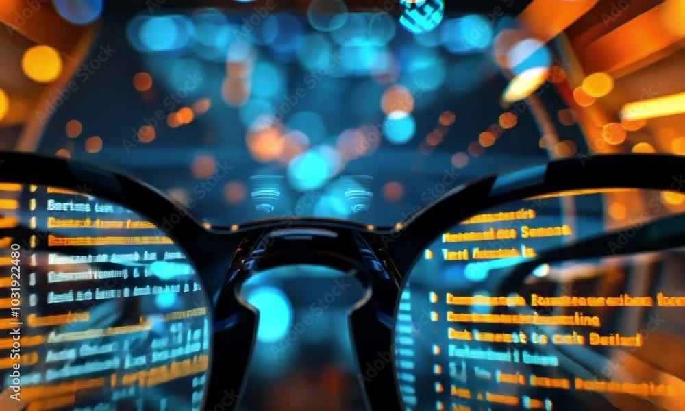 Poster eyeglasses reflecting complex code and data patterns video animation. high-tech futuristic theme. gl