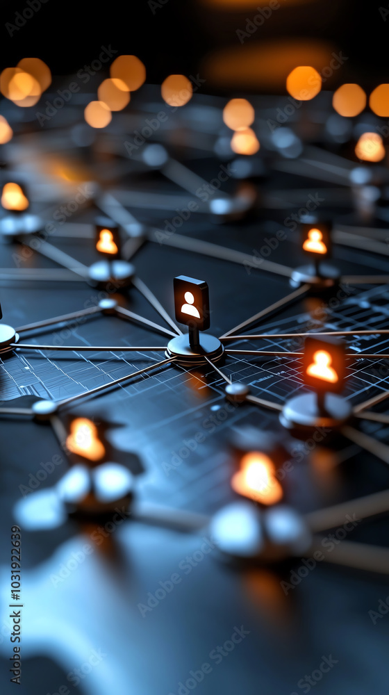 Poster network connections represented with glowing nodes and users, digital technology concept.