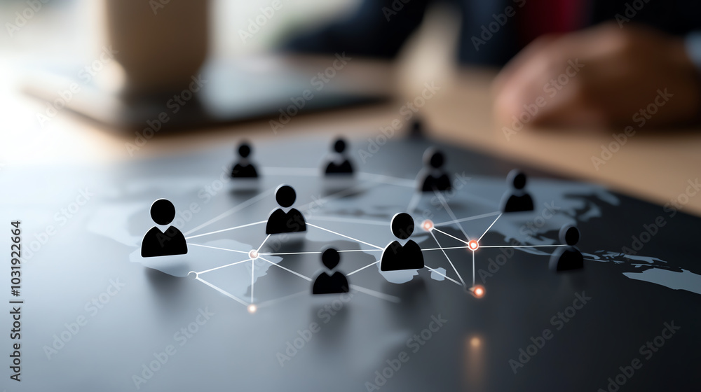 Poster network connections with icons representing people and world map in background, symbolizing global c
