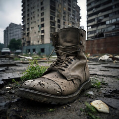 boots with ruined city view