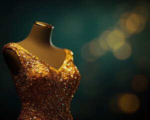 Fototapeta premium Golden sequined dress on mannequin with bokeh background