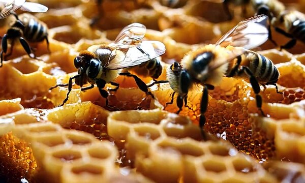  Bees on a wax comb with bee larvae and honey.