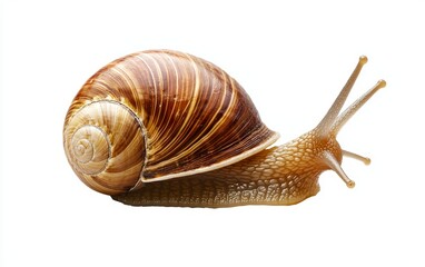 A small, detailed snail shell, with spirals and smooth textures, isolated on a white background