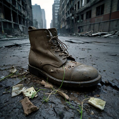 boots with ruined city view