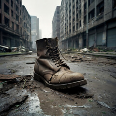 boots with ruined city view