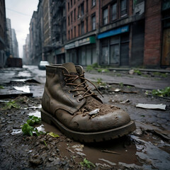 boots with ruined city view