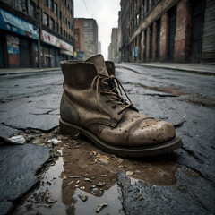 boots with ruined city view