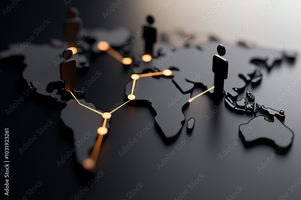 Poster stylized world map with figures symbolizing global connectivity and collaboration.