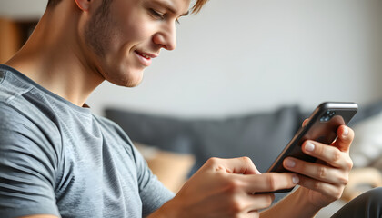 Checking. Close up of young man using smartphone app while having morning workout at home. Freshman relaxing after training. Online personal trainer on mobile phone isolated with white highlights, p