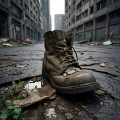 boots with ruined city view