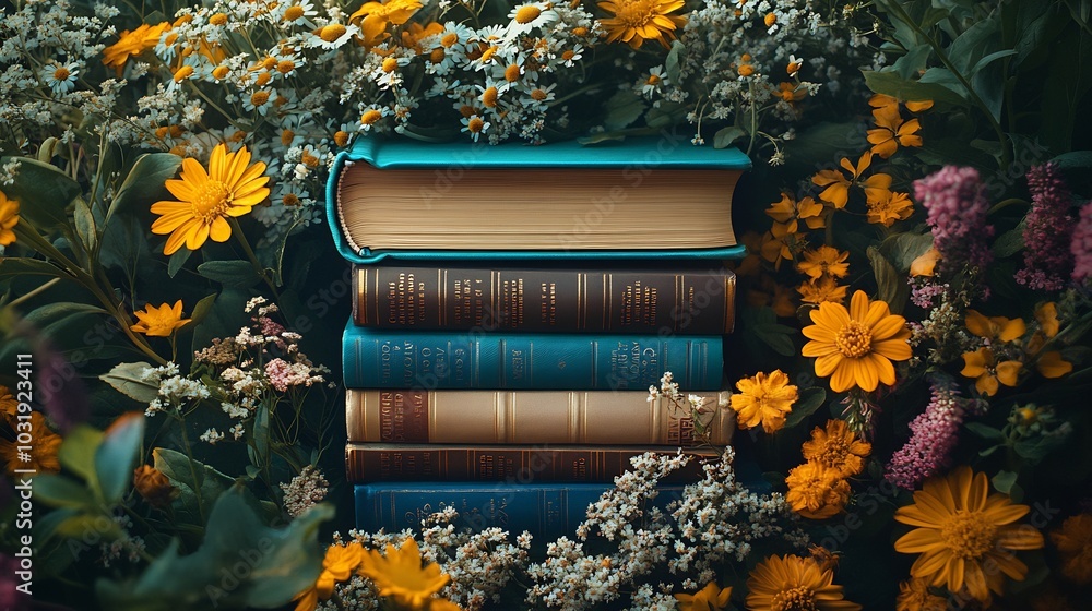 Aufkleber cozy world book day flat lay showcasing stacked books with intricate floral patterns soft lighting a