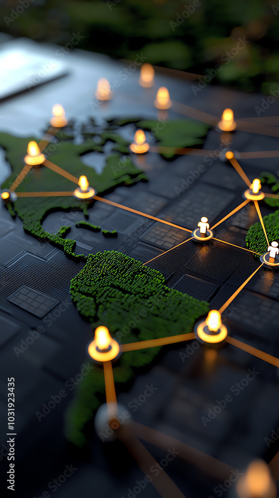 Aufkleber stylized world map with illuminated network nodes and connections, symbolizing global connectivity a