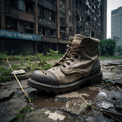boots with ruined city view