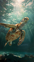 Obraz premium A mesmerizing image beautifully depicts the serene marine life, with a sea turtle gracefully swimming in sunlit waters, capturing the essence of the peaceful oceanic world