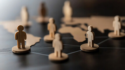 Wooden figures representing people connect on a world map, symbolizing collaboration and global networking.
