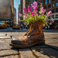 Boots with flowers inside, in the city