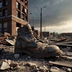 boots with ruined city view