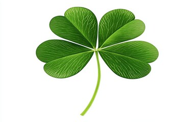 A vibrant green clover leaf, each leaflet detailed with soft veins, isolated on a pure white background