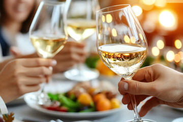 Cheers with wine glasses at a festive table
